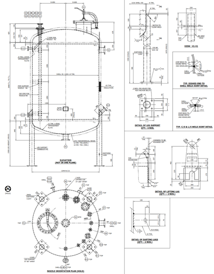 General arrangement drawing of a pressure vessel - elevation, nozzle orientation plan and weld details